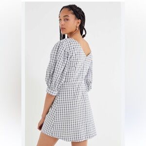 Urban Outfitters UO Lena Dress in blue gray gingham puff sleeves Small mini